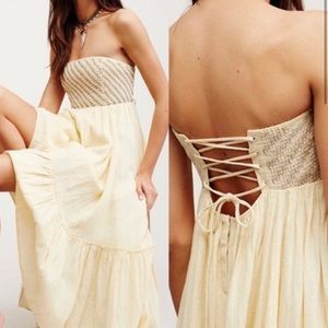 Free People RARE Maxi Dress Linen Shimmers In The Sky Corset Beating Size Small